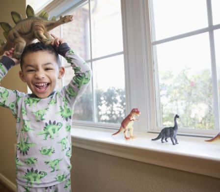 Tiermotive auf Kinderbekleidung machen Spass. Besonders beliebt sind bei Jungen Dinosauriermotive.